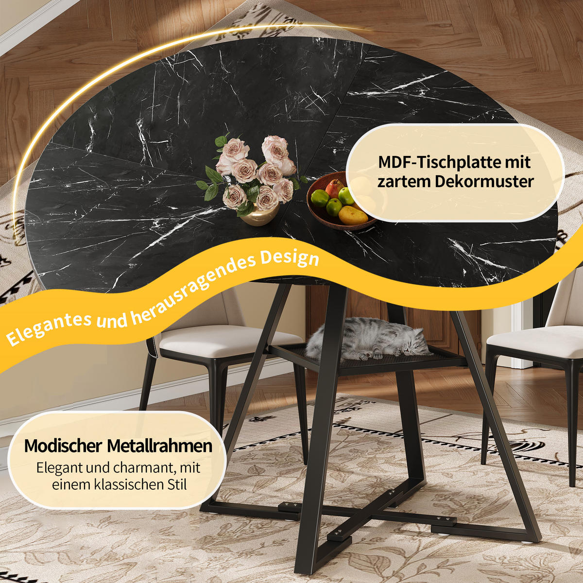 ESSTISCH rund 120 cm Schwarz in Marmoroptik mit Metallgestell und Ablage - Schwarz, Holzwerkstoff (120/120/75cm) - OKWISH