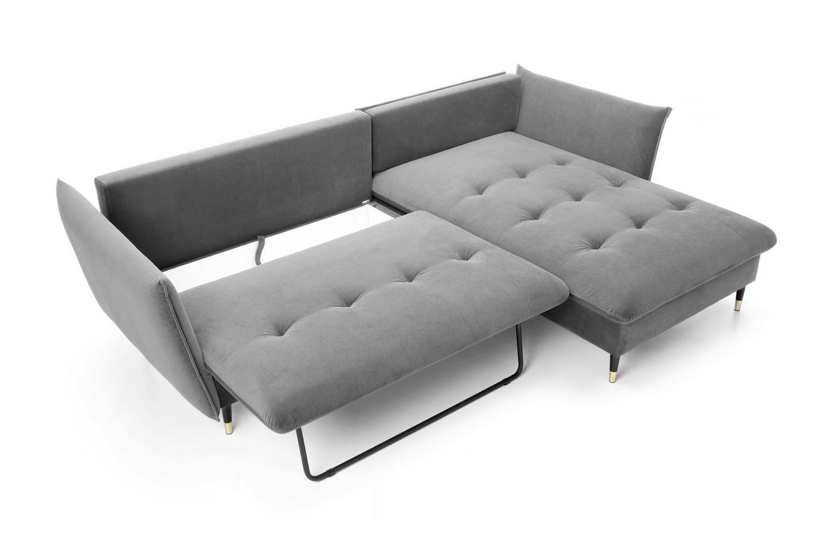 ECKSOFA GLAM mit Schlaffunktion, Ottomane & goldenen Füßen – Samtsofa im Glamour-Stil mit Zierkissen, 258x167x91 cm, rechte, grau​ - Grau, Holz/Textil (258/167cm) - DomoHome