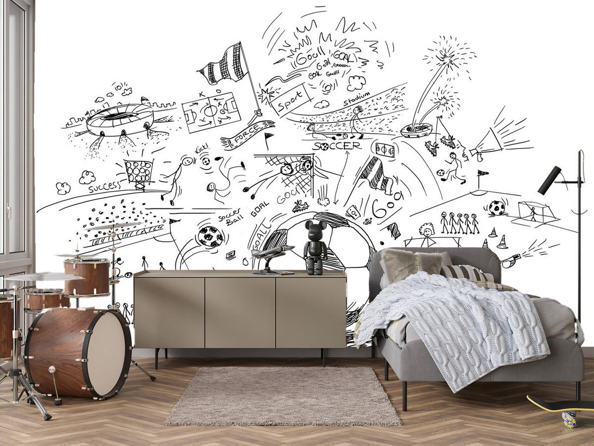 FOTOTAPETE für Kinderzimmer Fußball Skizzen Tor Stadion Sport 450x315 - Schwarz/Weiß, Papier (450/315cm) - Muralo