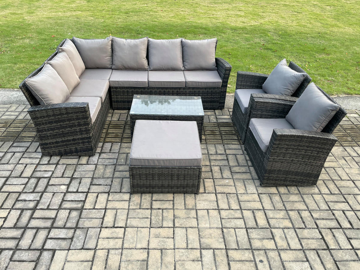 BALKONMÖBEL-SETS mit Ecksofa,Länglicher Couchtisch,Große Fußhocker,2 Sesseln Polyrattan Dunkelgrau 9-Sitzer - Dunkelgrau/Grau, Glas/Kunststoff - Fimous