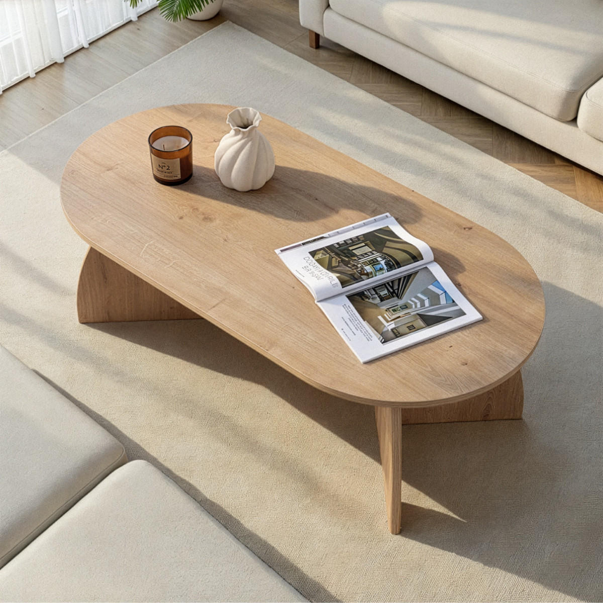 COUCHTISCH mit ovaler Tischplatte und geschwungenen Beinen 120/60/40 cm - Eichefarben, Holzwerkstoff (6.8/60/40cm) - Calicosy