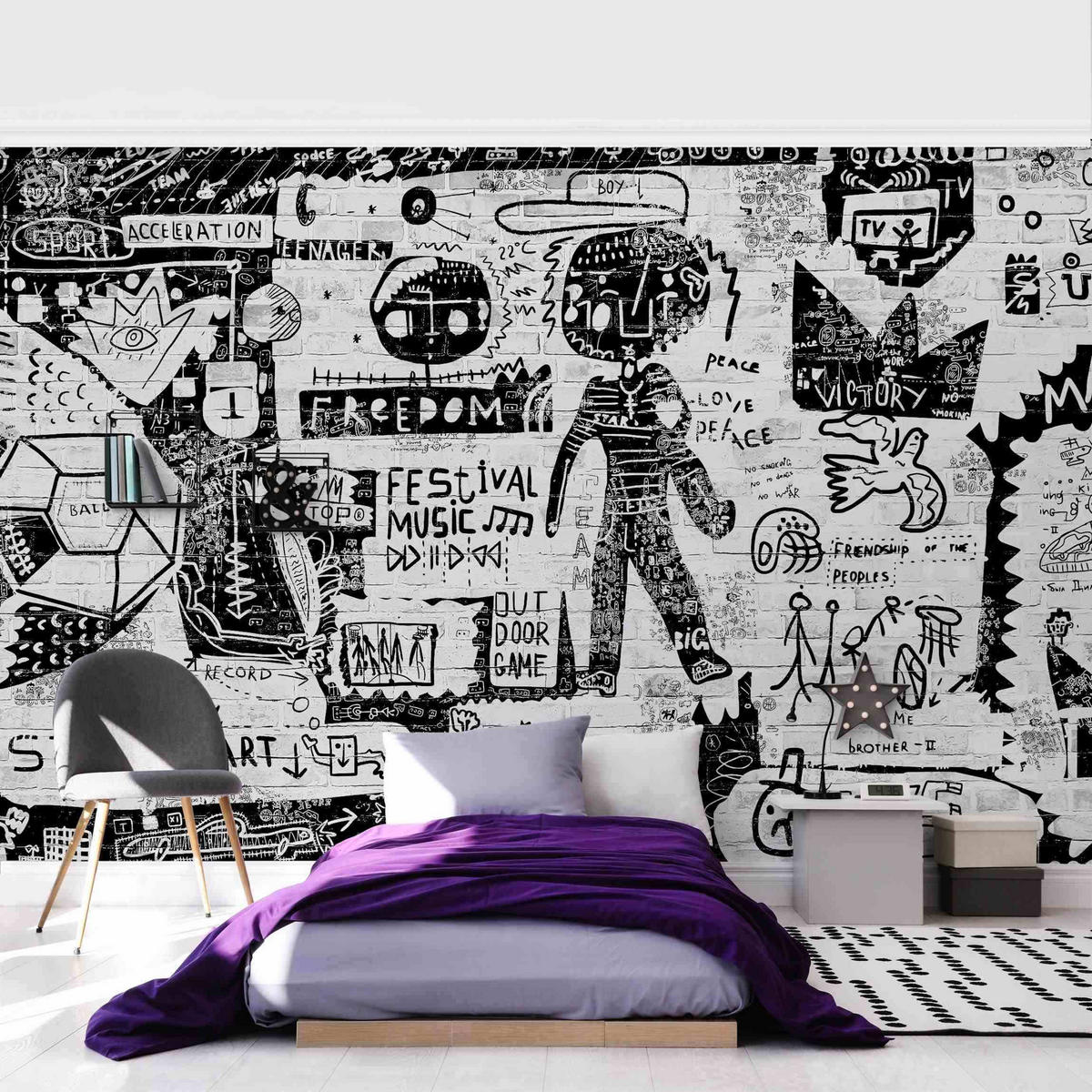 FOTOTAPETE Abstract Graffiti Art Schwarz Weiß 384/255 cm - Schwarz, Papier (384/255cm) - Bilderwelten