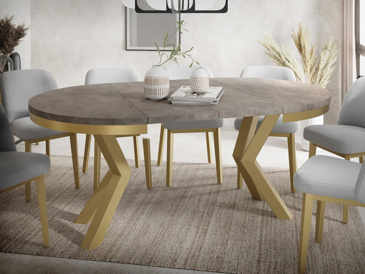 ESSTISCH Clara Gold runder ausziehbarer, Dunkelgrauer Chicago Beton 120-200/120/76 cm - Dunkelgrau/Goldfarben, Holzwerkstoff/Metall (120/120/76cm) - WFL GROUP
