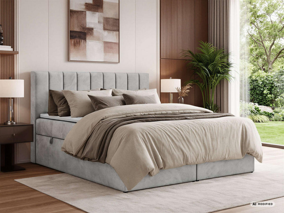 BOXBETT ALVER 200/200 - Hellgrau Velvet - Topper T25 - H3 - Hellgrau/Schwarz, Kunststoff/Textil (200/200cm) - MKS