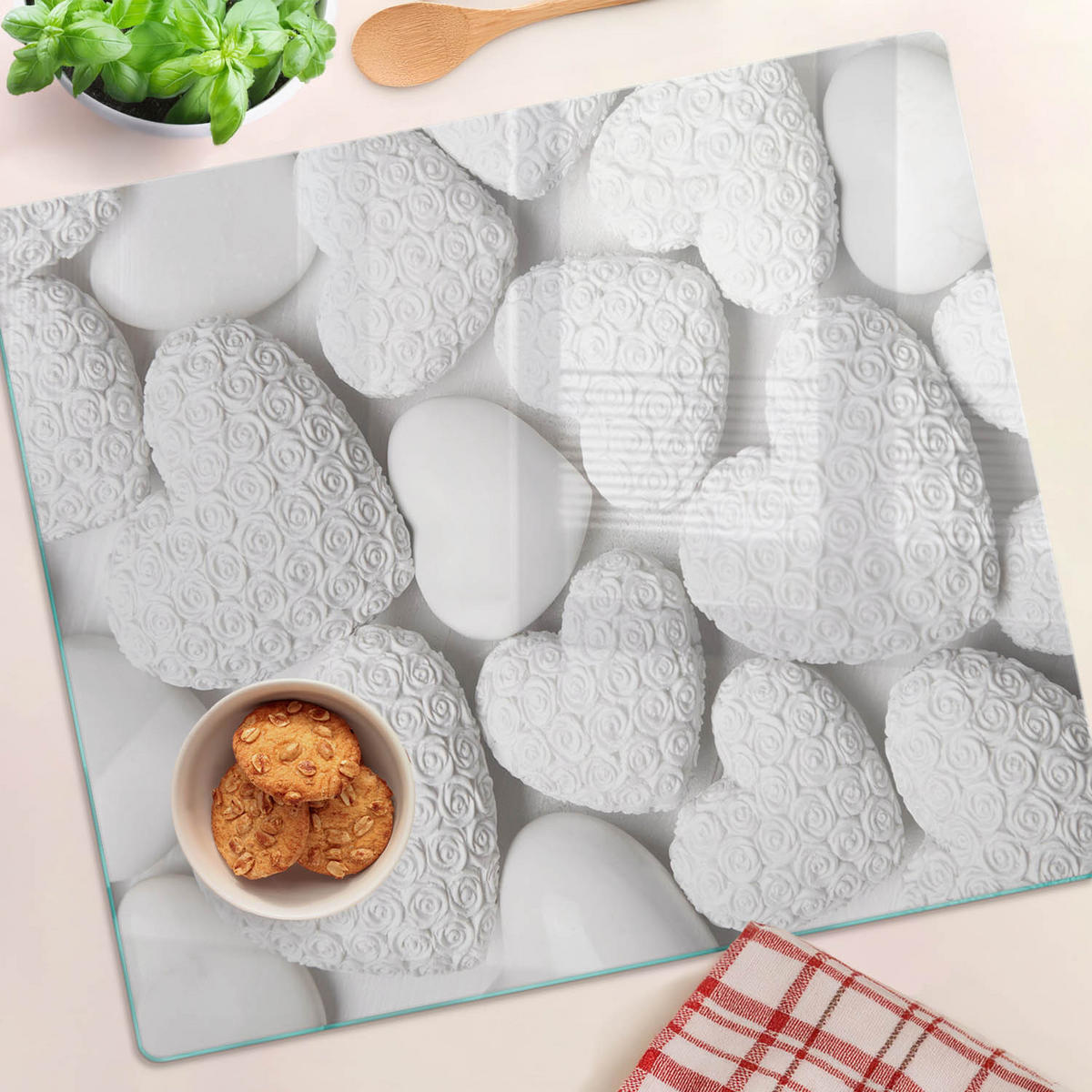 GLASPLATTE 60x52 cm Herzen - Weiß, Glas (60/0.4/52cm) - TULUP