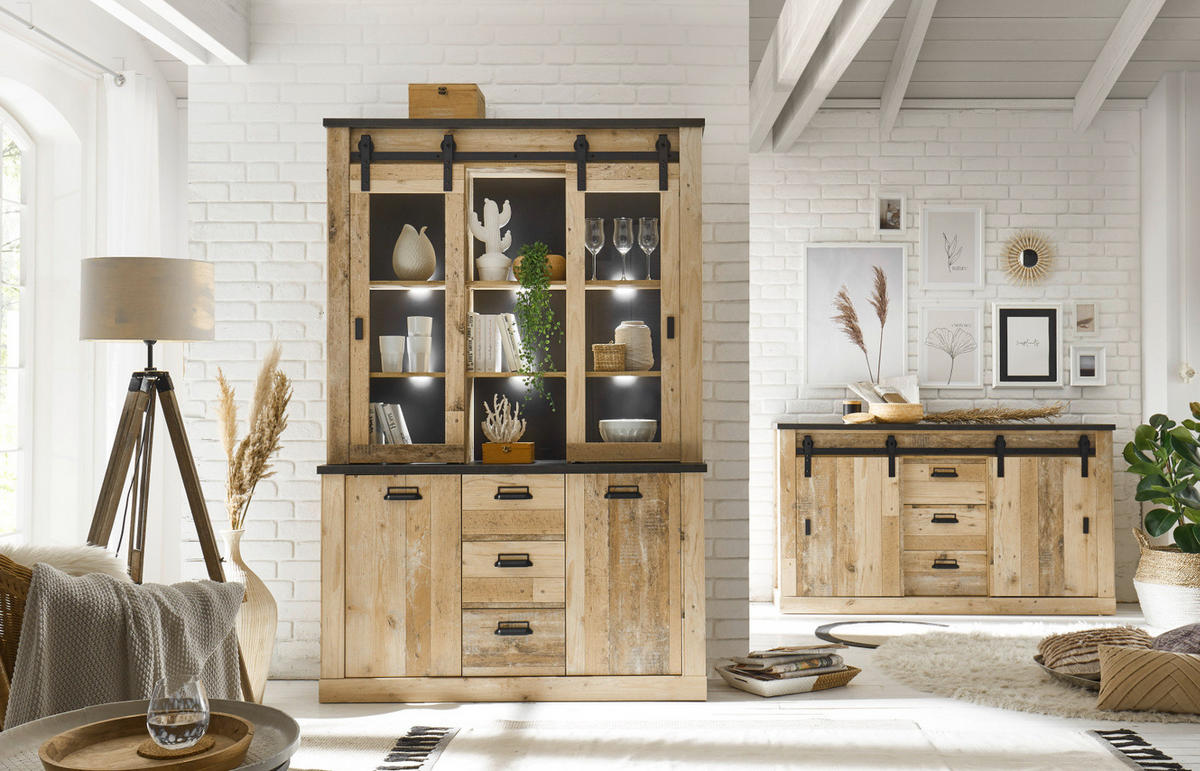 BUFFETSCHRANK Used Wood hell, anthrazit, Vitrinenschrank 133 x 201 cm - Eichefarben/Anthrazit, Holzwerkstoff/Metall (133/201/37cm) - Furn.Design