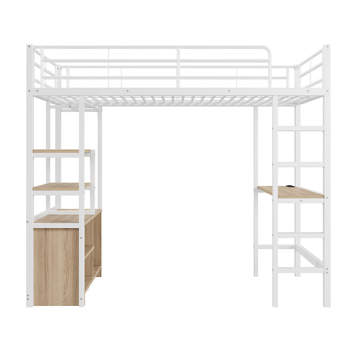 VISOKI krevet 90/200 cm s radnim stolom, utičnicom i USB priključkom, policama i otvorenim spremištem, Bijeli - bijela, metal (90/200cm) - Redom