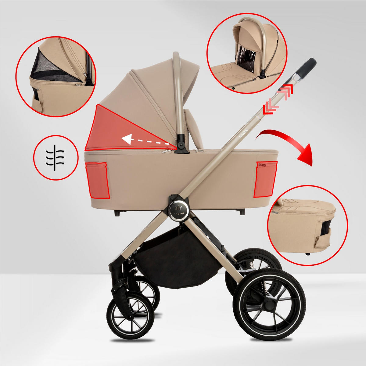 KINDERWAGEN Gavia 3in1 Brownie Babywanne, Buggy Sportsitz, Babyschale I-Size - Beige/Schwarz, Textil/Metall (58/99cm) - BabyLux