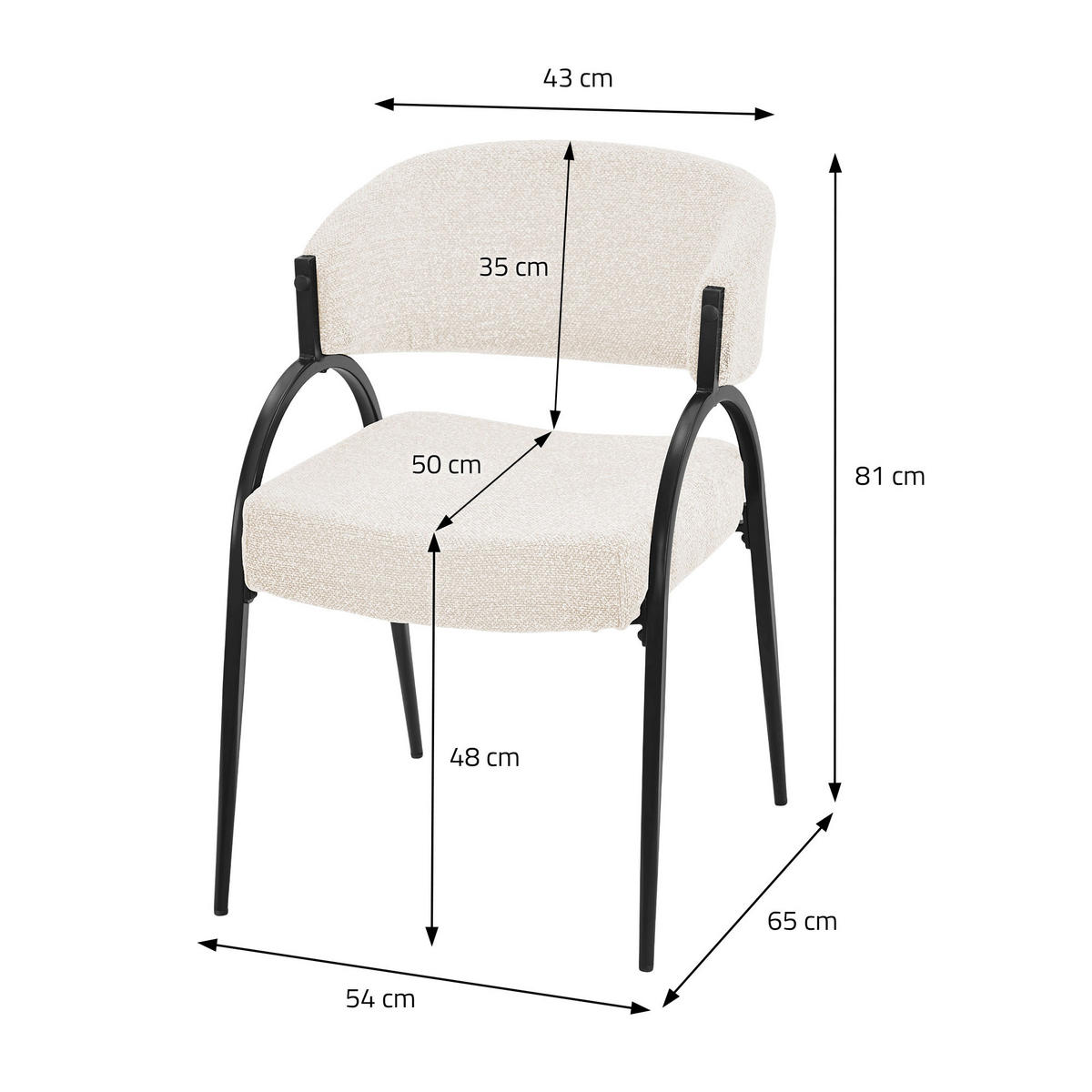 ESSZIMMERSTUHL 2er Set Küchenstühle gepolstert mit Webstoff-Bezug und Arm- und Rückenlehne Beige - Beige/Schwarz, Textil/Metall (54/81/65cm) - ML-DESIGN