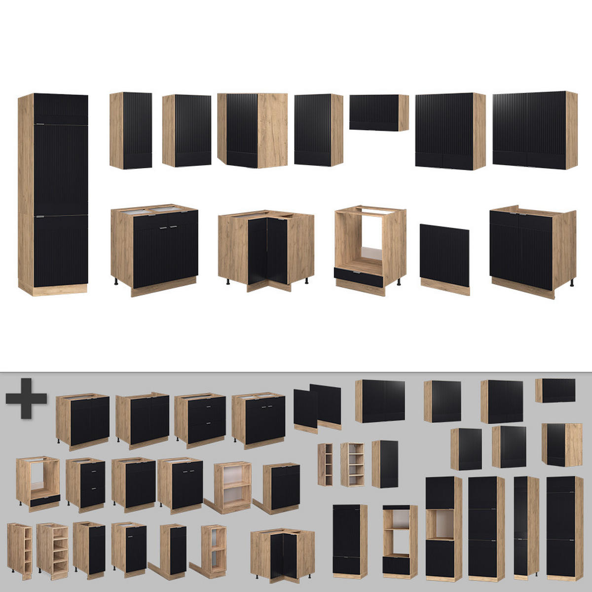 ECKKÜCHE Fame-Line, Schwarz gestreift/Goldkraft Eiche, 227 x 287 cm, AP Anthrazit - Honigeiche/Schwarz, Holzwerkstoff (227/81.6/60cm) - Vicco