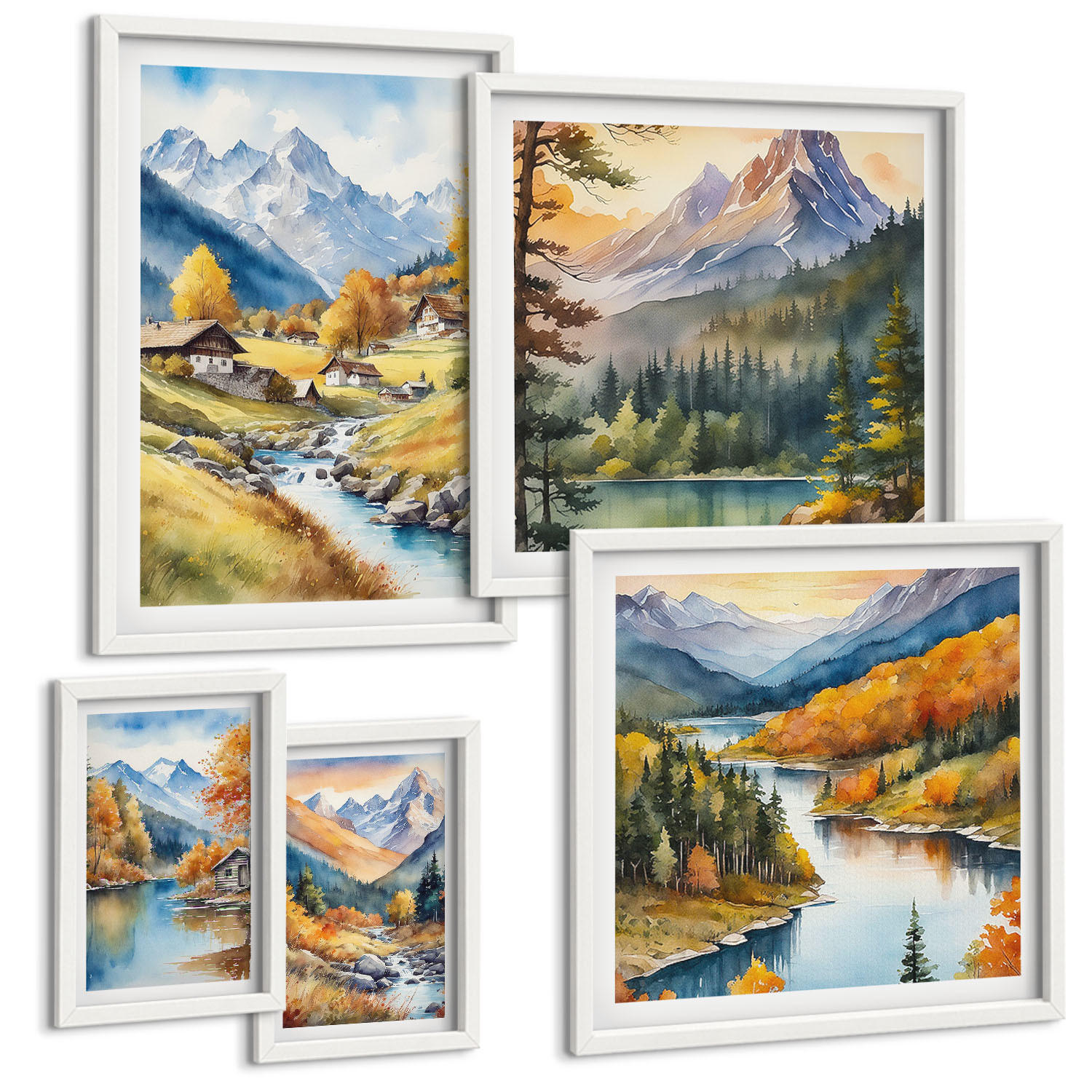 BILDER SET 5er Set - 50x50 cm & 20x30 cm & 40x60 cm Weißer Rahmen - Bergblick, Fluss, Herbst - Weiß, Kunststoff (40/60cm) - TULUP