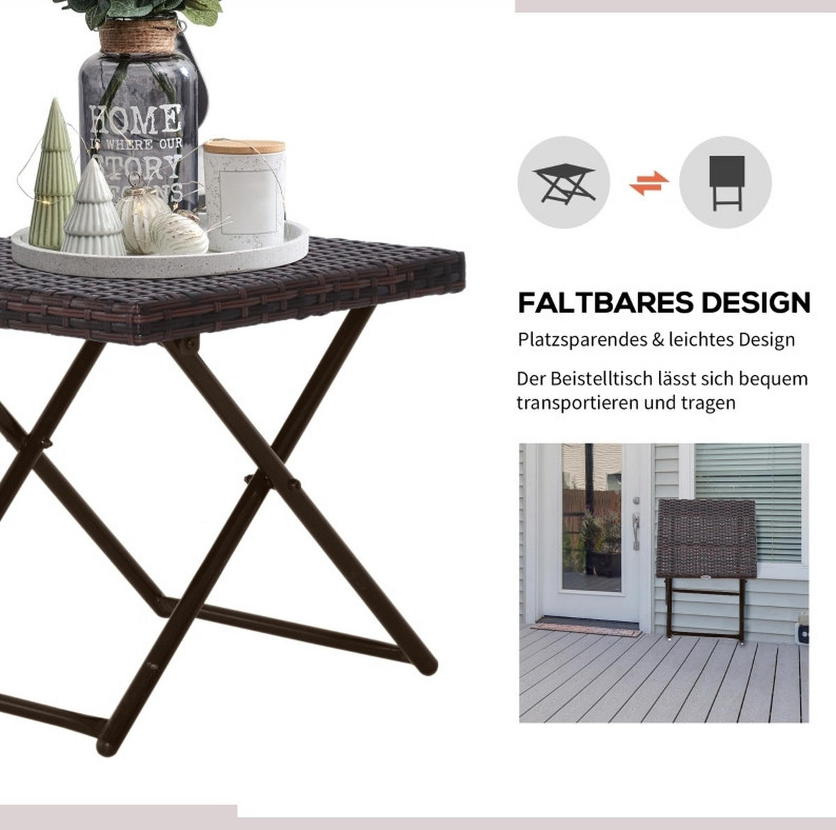 GARTENTISCH aus Polyrattan 40x40x40 cm Braun mit Klappfunktion - Braun, Metall (40/40/40cm) - Modfu