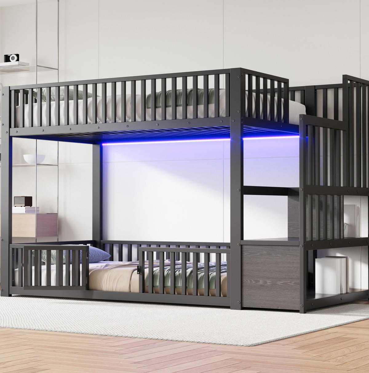 PATROVÁ postel 90/200 cm černá z MDF a kovu s LED osvětlením a úložným schodištěm - černá, kompozitní dřevo (90/200cm) - OKWISH