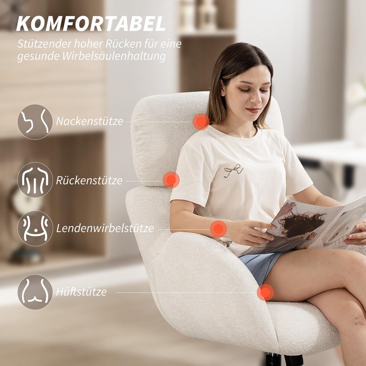 SCHREIBTISCHSTUHL mit Samtoptik Hoher Rückenlehne Creme - Creme/Schwarz, Textil (67/113/68cm) - HOMCOM