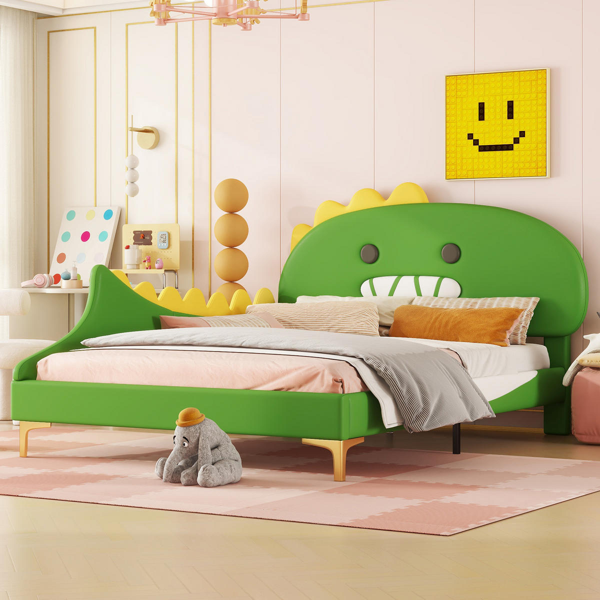 KINDERBETT Dinosaurier 140/200 cm Grün aus PU und MDF - Grün, Kunststoff (140/200cm) - MIVRAY