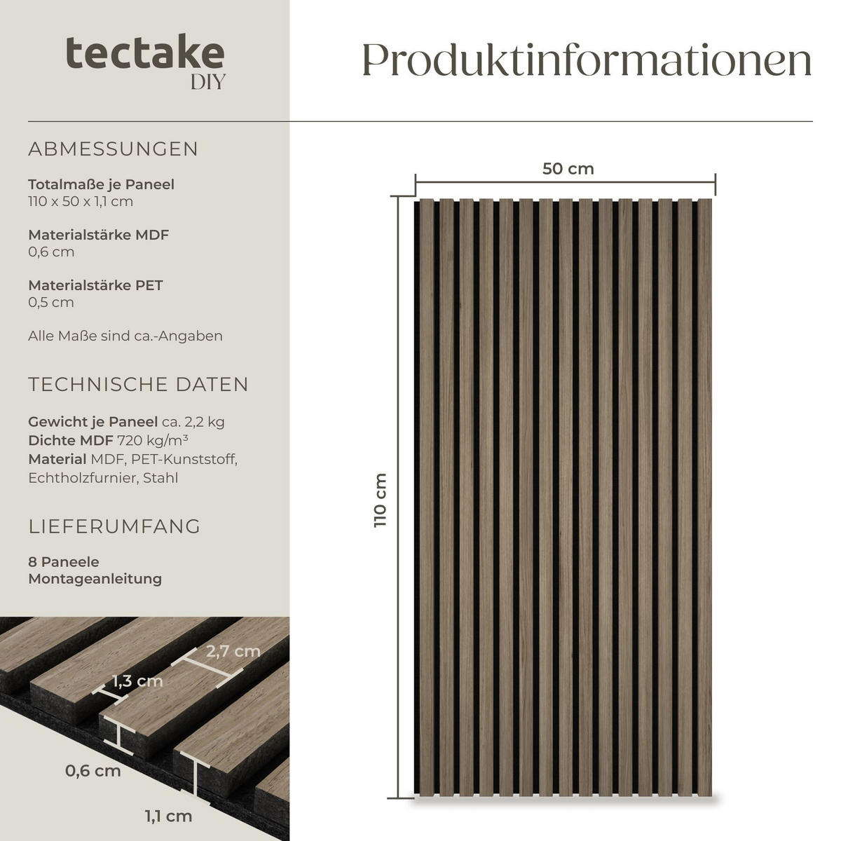 AKUSTIKPANEELE 8er Set Sonic Wall Iv, je 110 x 50 x 1,1 cm, Größe flexibel anpassbar, Eiche dunkel - Wildeiche, Holz (50/1.1/110cm) - tectake