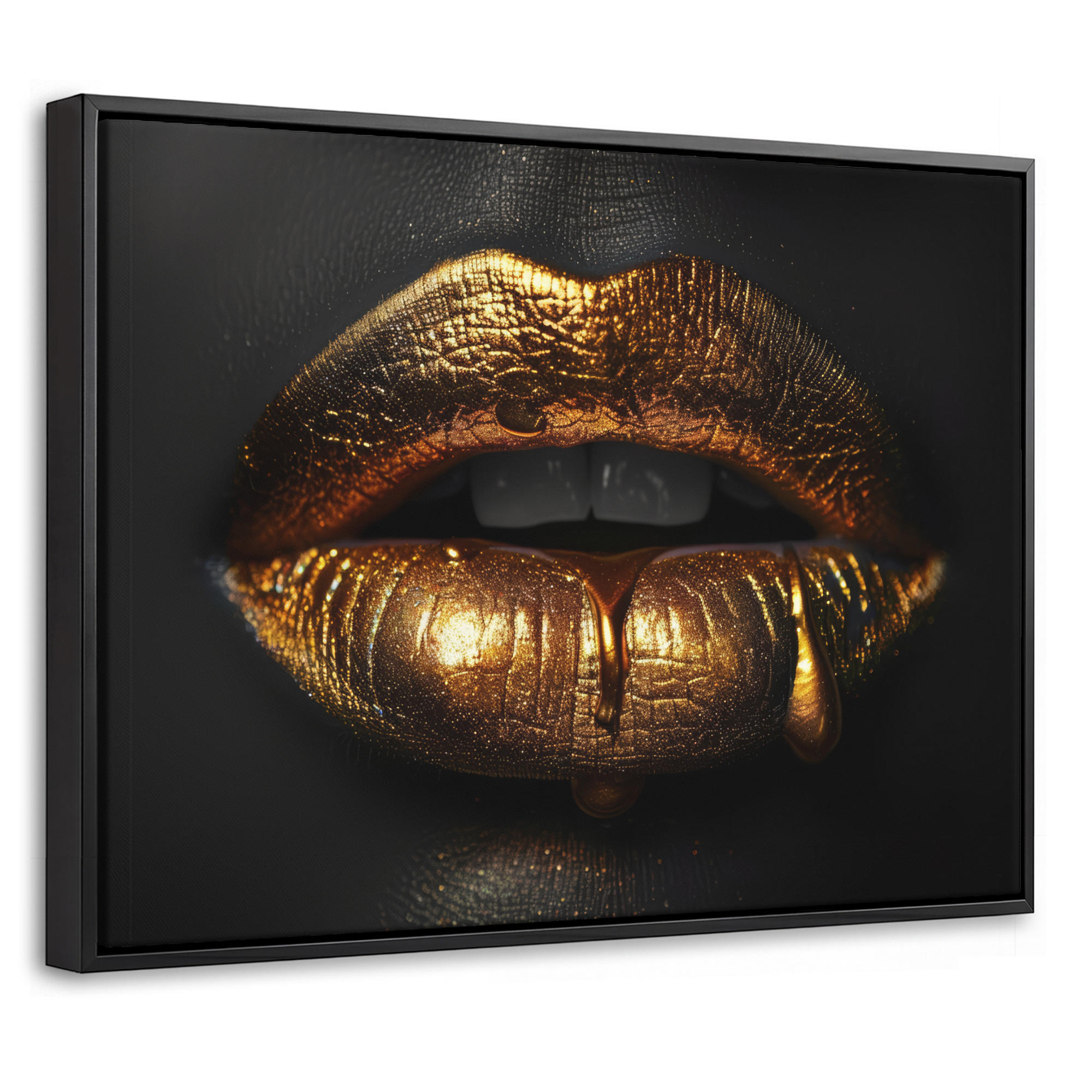 LEINWAND Bilder mit Rahmen - Frau - Porträt - Lippen - Gold - Schwarz - 40x30 - Schwarz, Textil (40/30cm) - MuchoWow