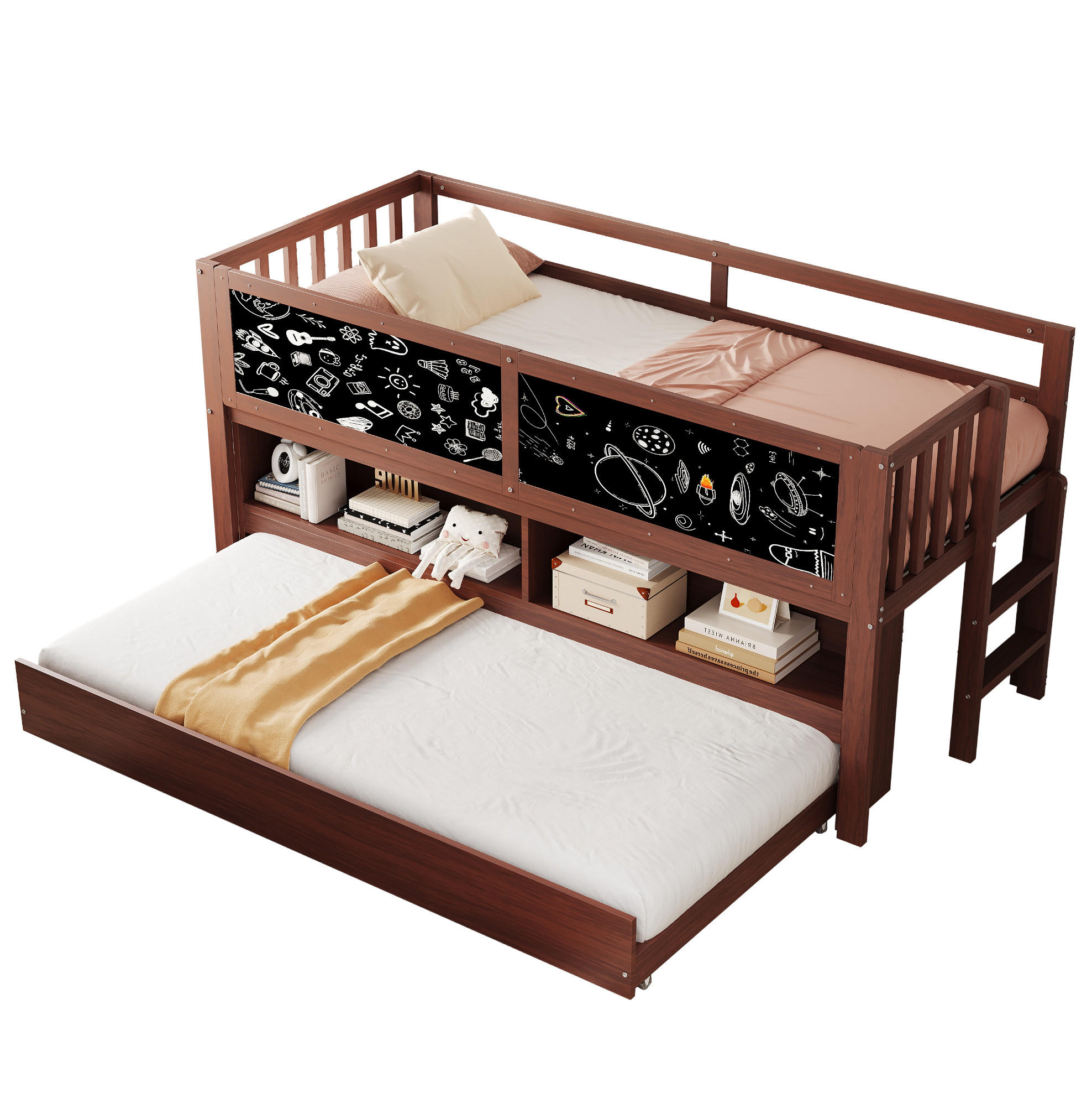 HOCHBETT 90/200 cm braun mit Kletterleiter und Graffiti-Tafel mit Matratze - Braun, Holzwerkstoff (90/200cm) - OKWISH