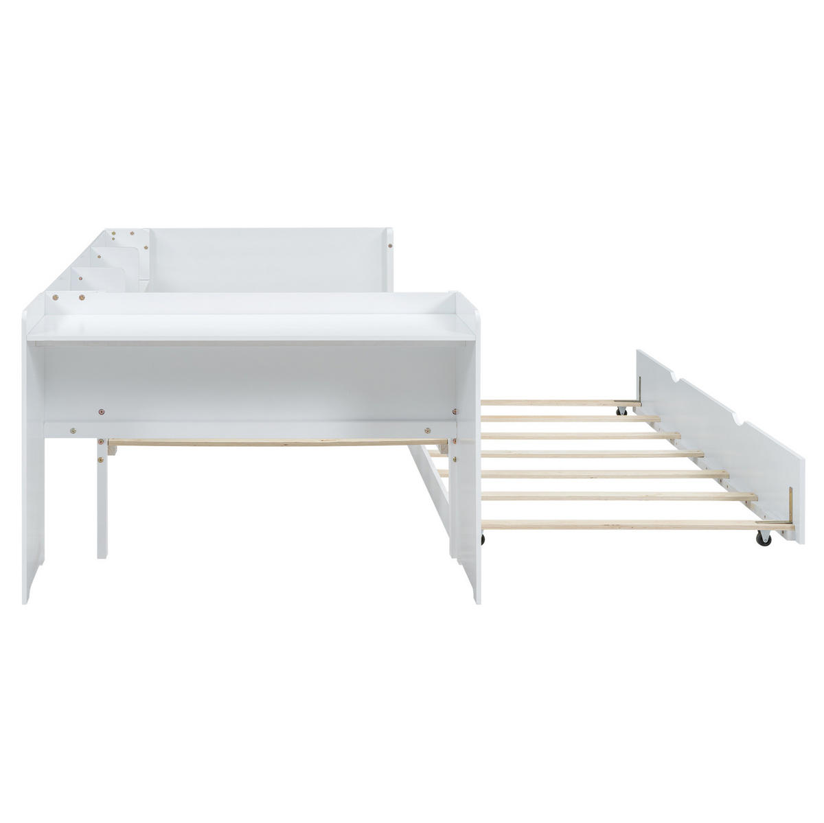 KINDERBETT 90/200 cm aus Kiefer/MDF mit Ausziehbett, Schreibtisch und 3 Regalen, Weiß - Weiß, Holzwerkstoff (90/200cm) - Redom