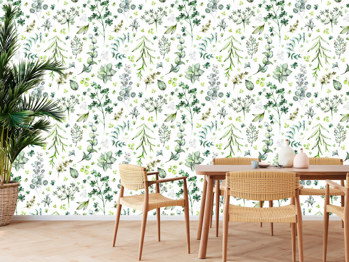 VLIESTAPETE Wiesenblumen und Blätter – Grün, Weiß – 50x1000 cm - Weiß/Grün, Papier (50/1000cm) - Muralo