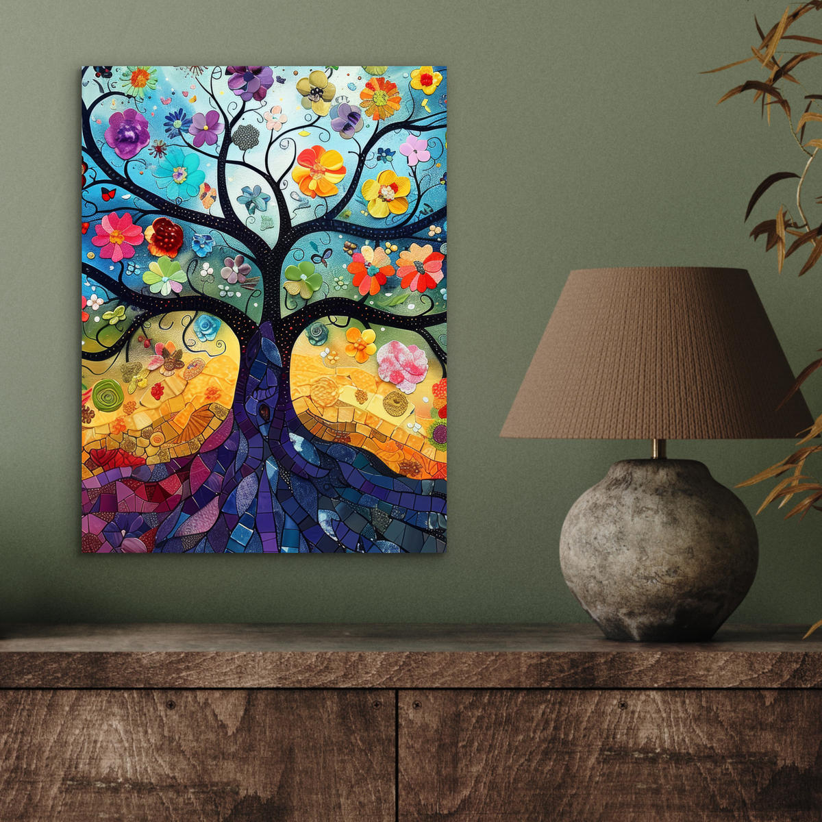 KOVOVÝ OBRAZ Umenie - Strom života - Kvety - Hippie 30x40 cm - tmavomodrá, kov (30/40cm) - MuchoWow