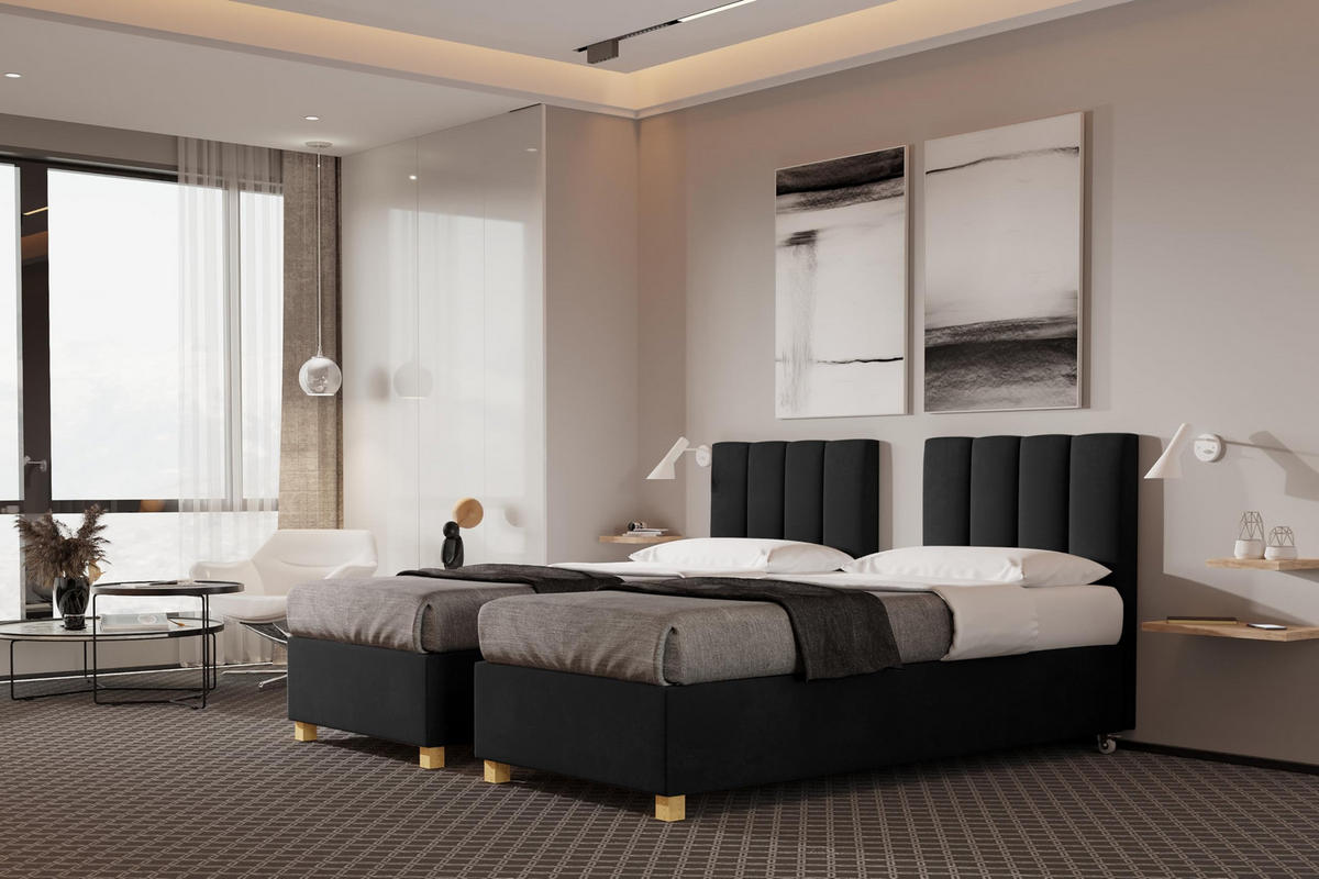 HOTELBETT EUROPA 90x200 cm, Mobil Bett auf Rollen & Koppelbar mit Bonell Matratze, 1 Stück, Schwarz - Schwarz, Holz/Buchenholz (90/200cm) - Trada