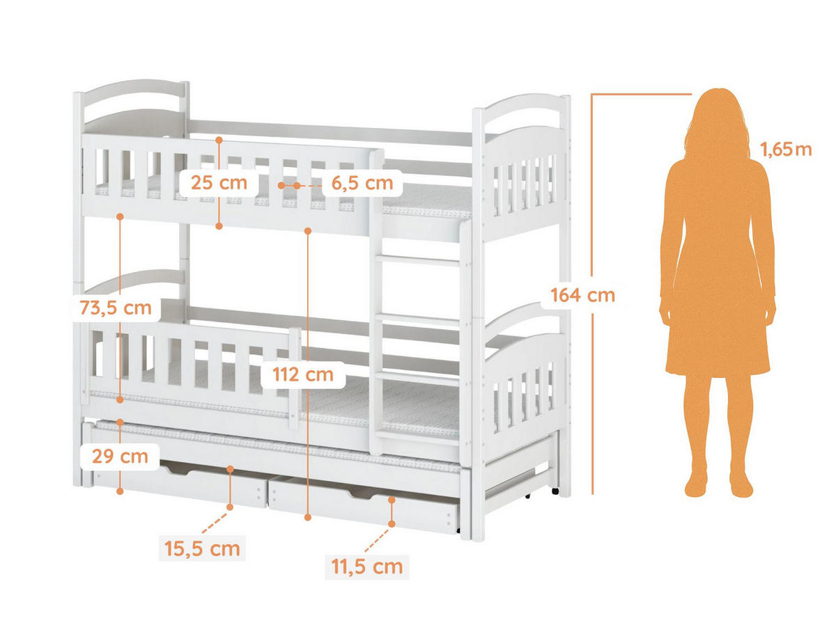 ETAGENBETT 90x200 cm mit Ausziehbett, zwei Schubladen & drei Matratzen in Weiß - Weiß, Holz (90/200cm) - Kids Collective