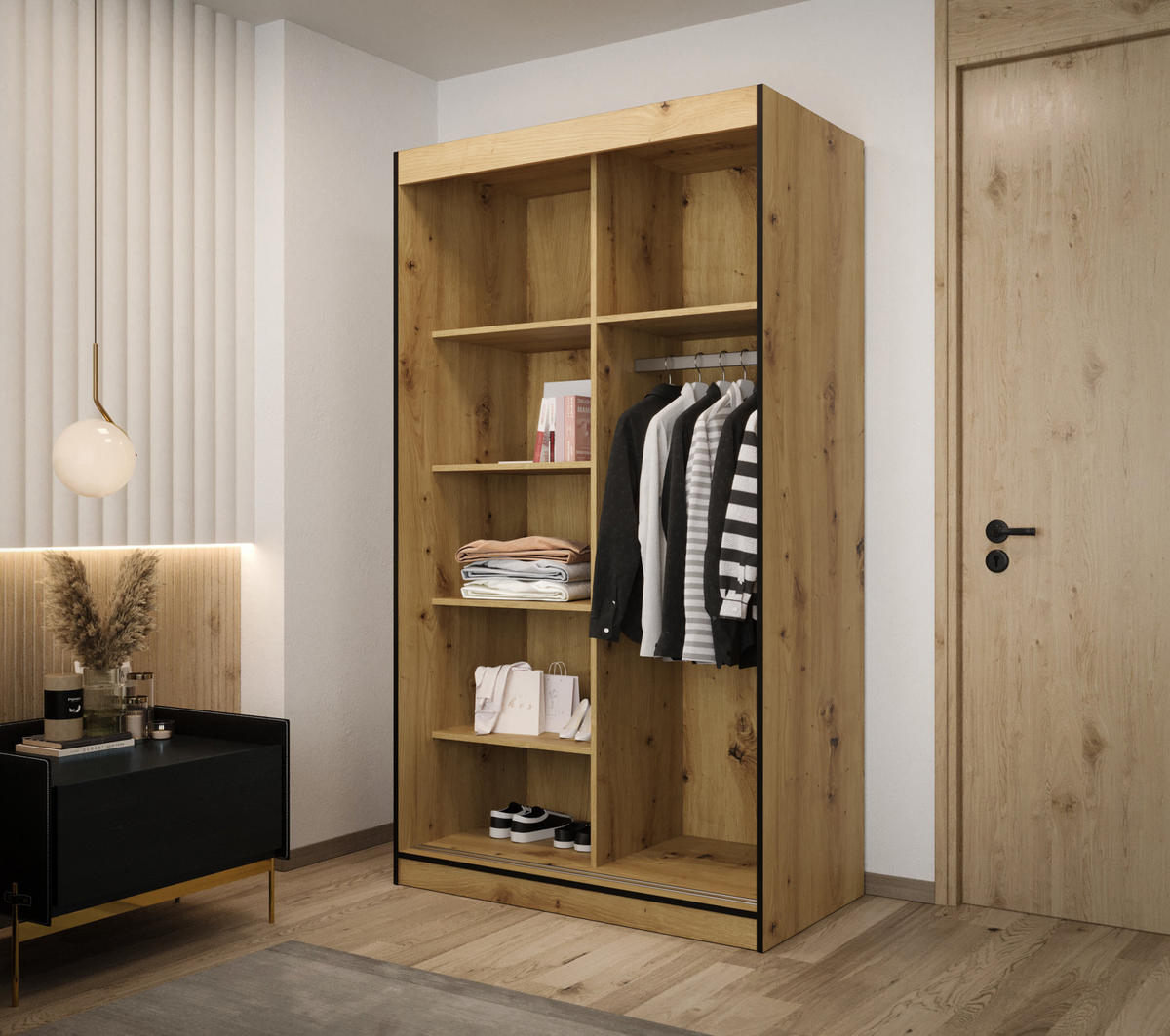 SCHIEBETÜRENSCHRANK MODENA 2 120, 2-türig Kleiderschrank mit 1 Spiegel, Moderne Garderobe, Schrank in Größe: 120 x 216 x 65 cm - Schwarz/Braun, Holzwerkstoff (120/216/65cm) - O-Sofa