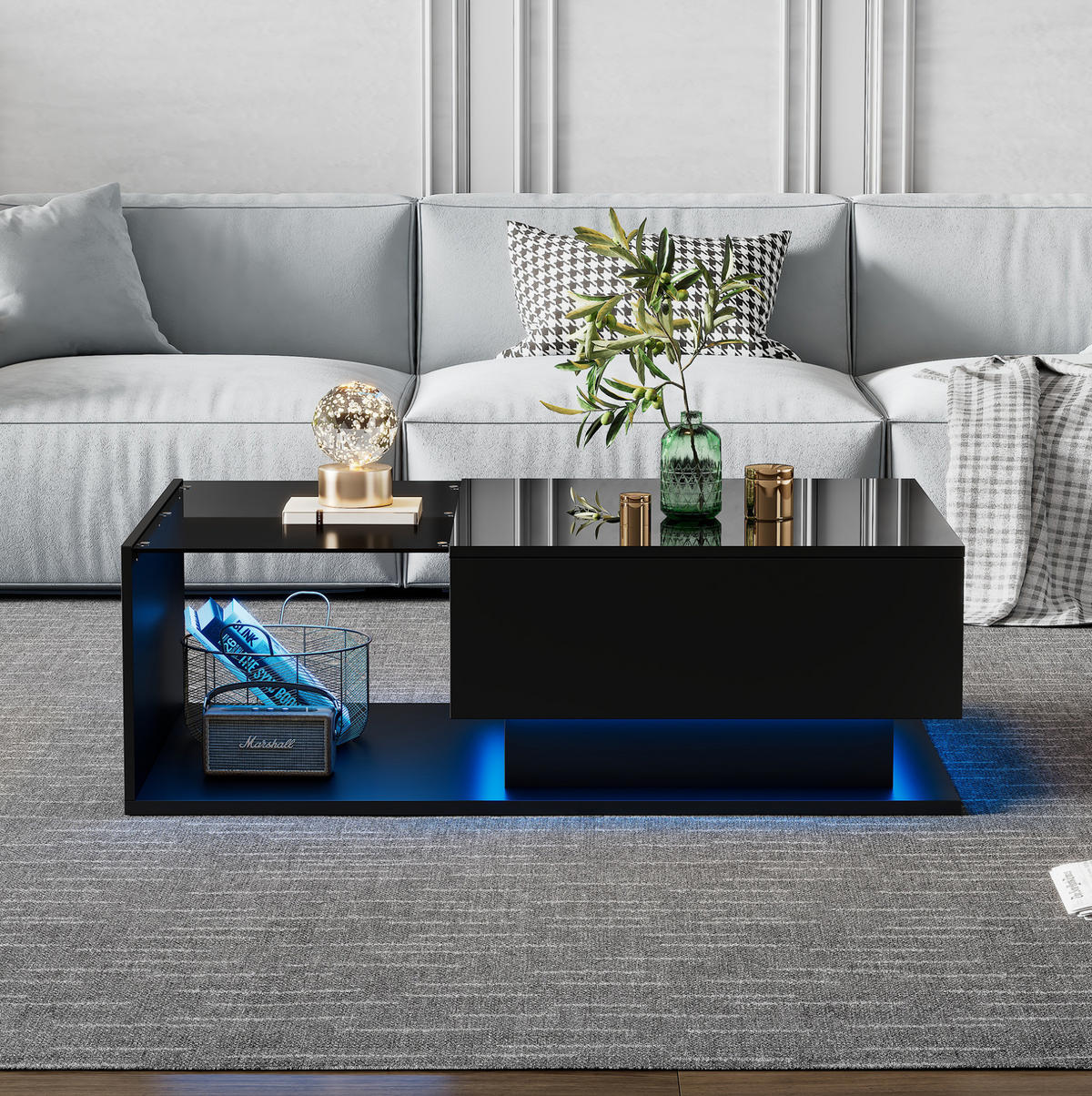 COUCHTISCH aus Spanplatte 100x50x32 cm Schwarz mit Glasplatte, Schublade und LED-Beleuchtung - Schwarz, Holzwerkstoff (100/50/32cm) - IVMEU