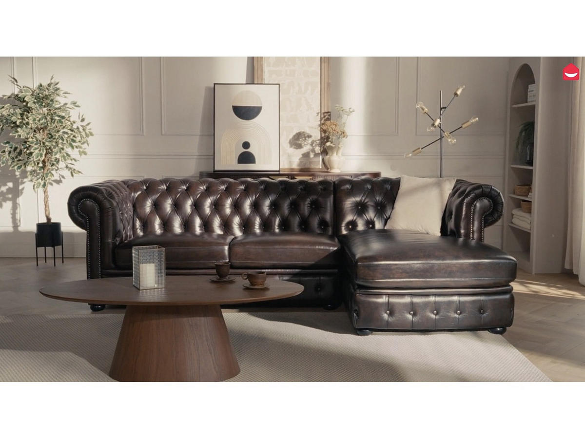 CHESTERFIELD Ecksofa - Ecke Rechts - Büffelleder - Dunkelbraun - BRENTON - Braun, Leder (274/82/166cm) - Vente-Unique