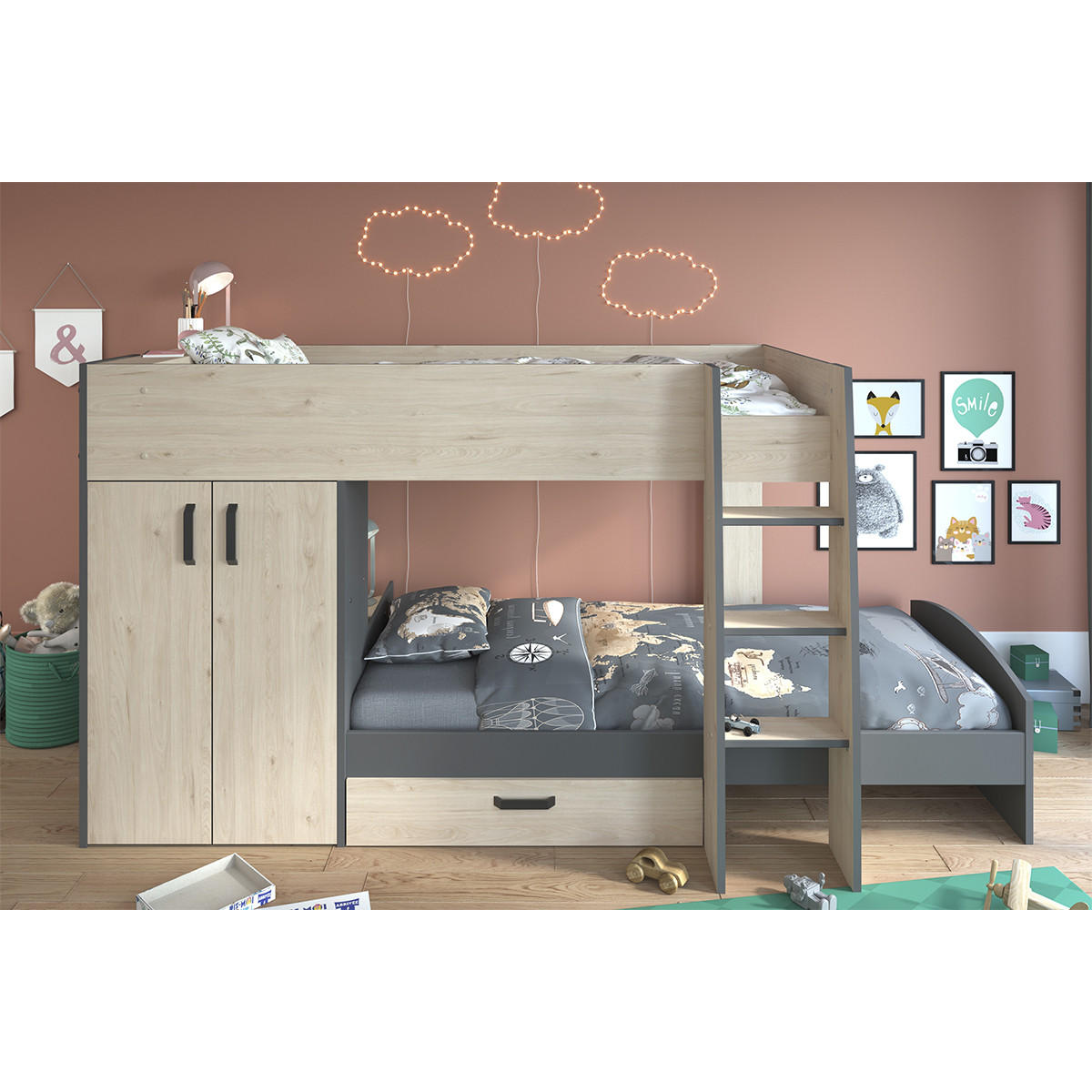 ETAGENBETT Eiche- und Graudekor mit Stauraum 90x200 - Stim - Apfelbaumfarben, Holzwerkstoff (90/200cm) - Calicosy