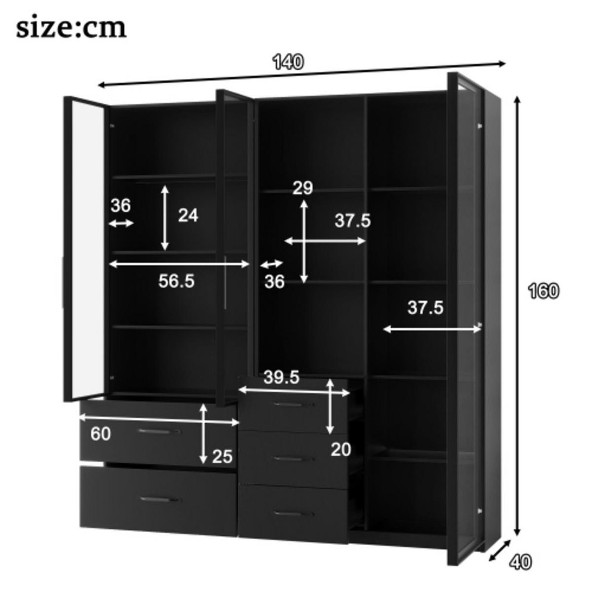 VITRINEN-SET Modulares Schwarz aus zwei LED-Glasvitrinen 140×40×160 cm aus Spanplatte - Schwarz, Holzwerkstoff (140/160/40cm) - Luhomfu