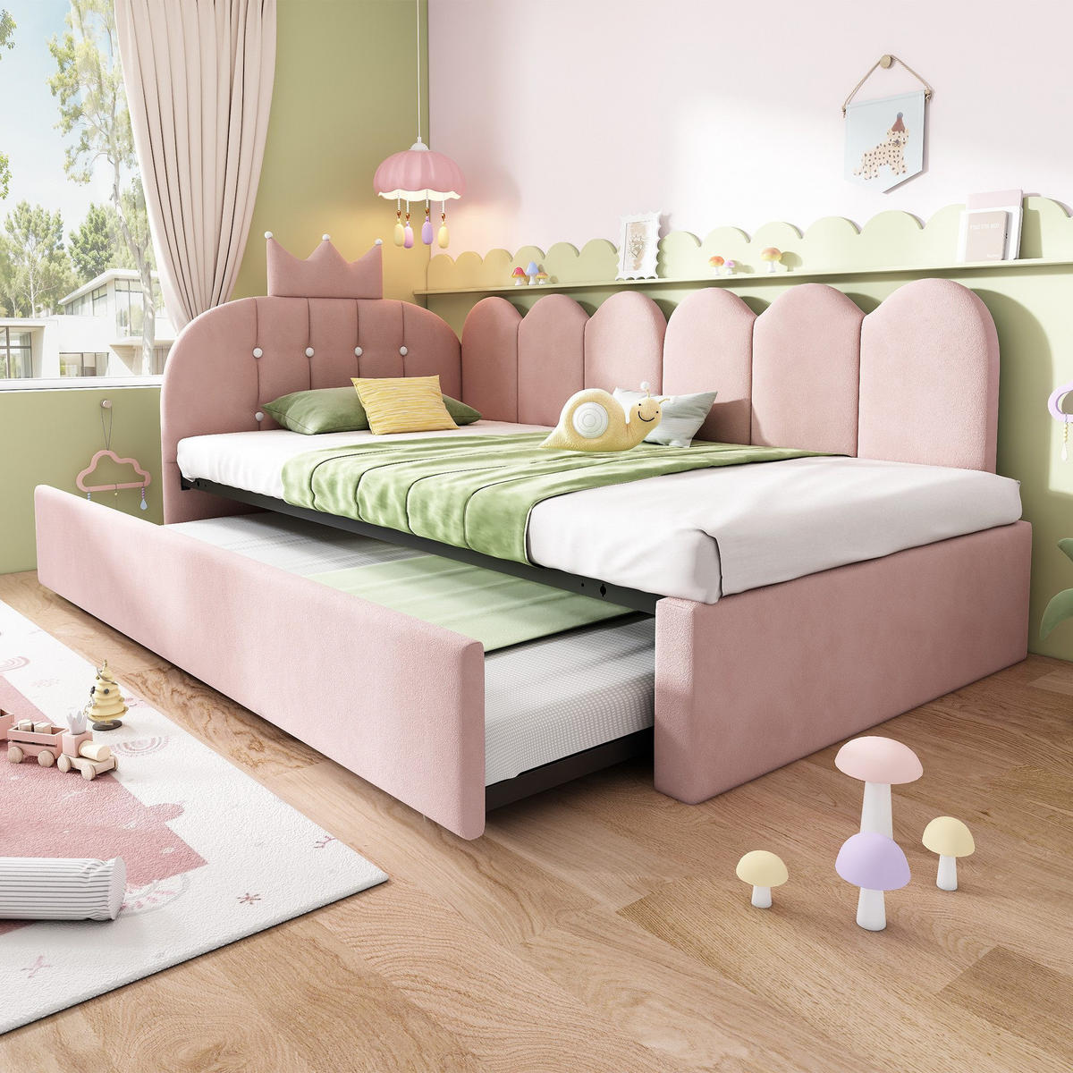 TAGESBETT 90x200cm mit Ausziehbett - Rosa, Textil (90/200cm)
