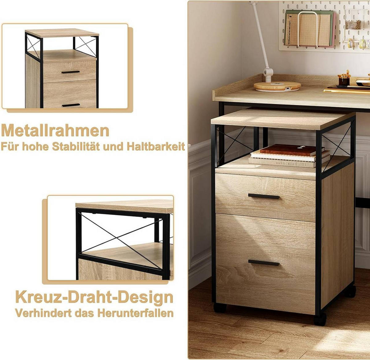 ROLLCONTAINER mit 2 Schubladen, Helle Eiche - Eichefarben/Schwarz, Holzwerkstoff/Metall (40/69/40cm) - Woltu