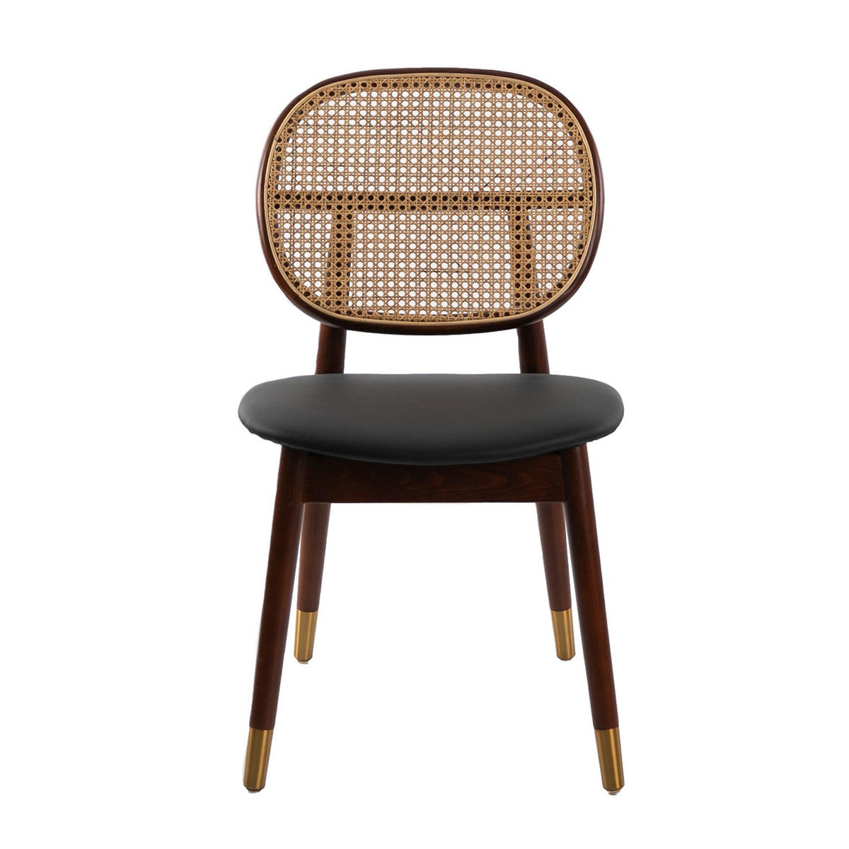 STUHL aus Rattan und schwarzem Ökoleder - Nussbaumfarben/Goldfarben, Leder/Holz (49/87/52cm) - ANGEL CERDA