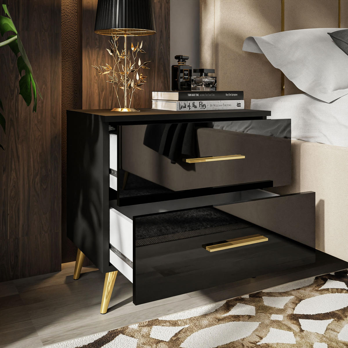 NACHTTISCH AURA mit Griffen, goldenen Beinen - Schwarz, Holzwerkstoff (55/55/37cm) - Lookway