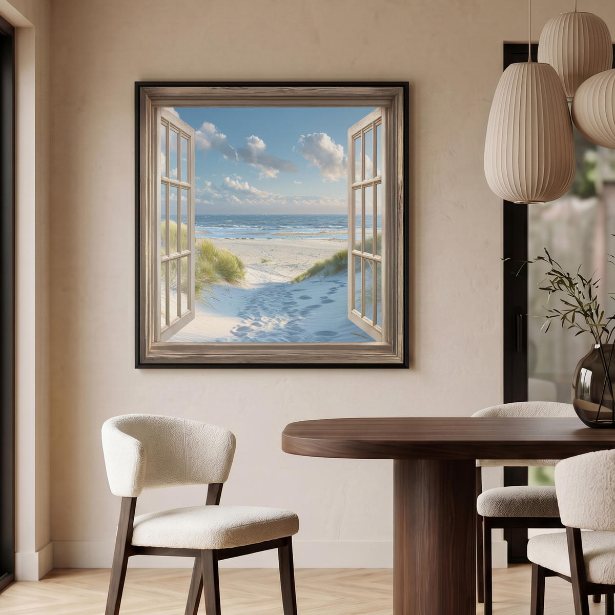 LEINWAND Bilder mit Rahmen - Aussicht - Strand - Fenster - Dünen - Meer - 90x90 - Hellblau, Textil (90/90cm) - MuchoWow