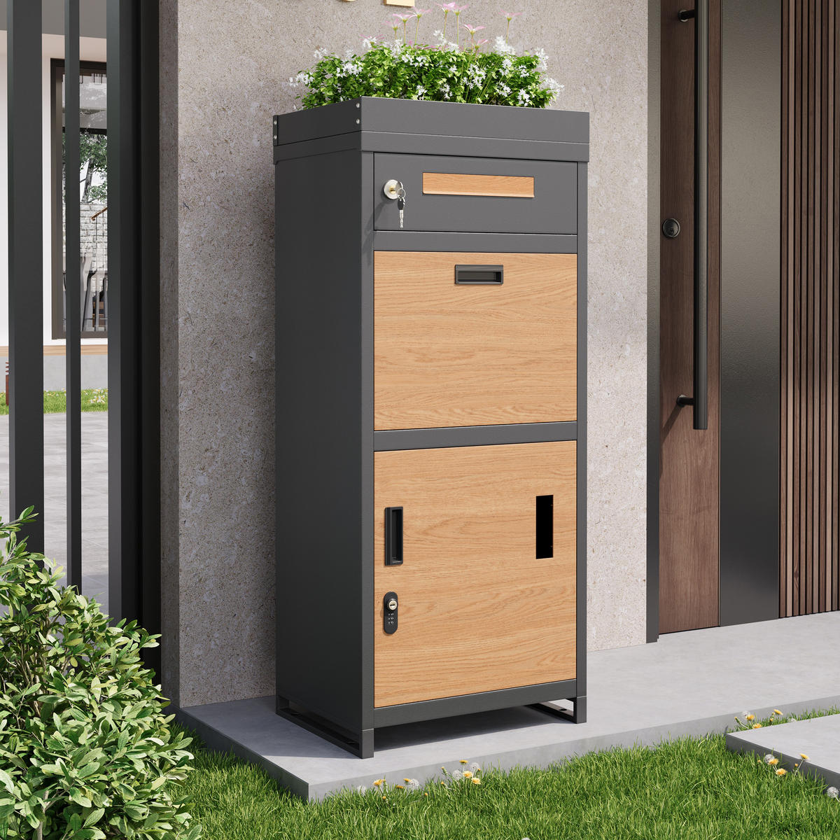 PAKETBRIEFKASTEN abschließbar Pflanzkasten integriert - Grau, Metall (50/118.5/37cm) - Fortuna Lai