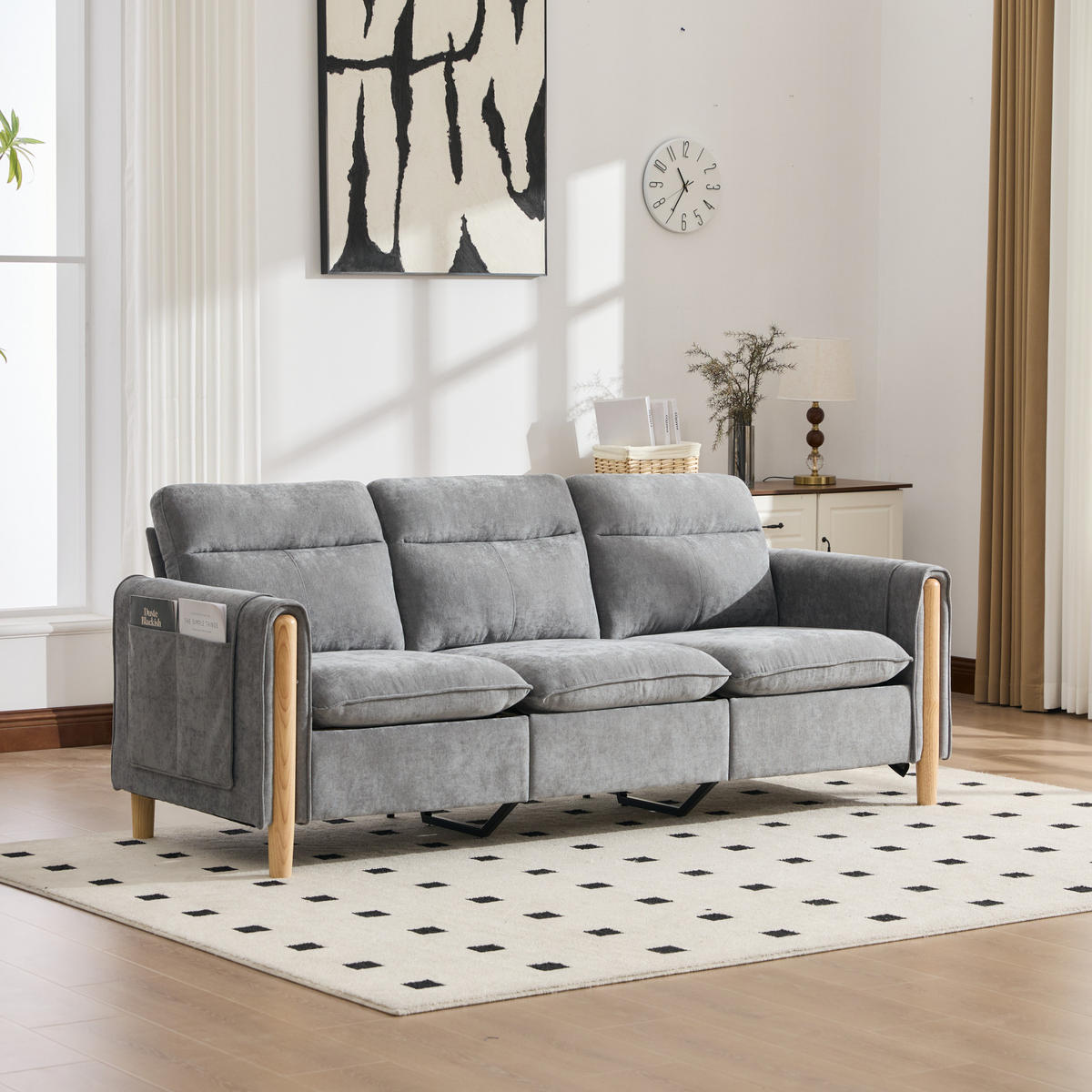 SOFA mit Stauraumhocker L-Form 201 x 77 x 86 cm Chenille Hellgrau - Hellgrau, Holz (77/201cm) - Meubliv