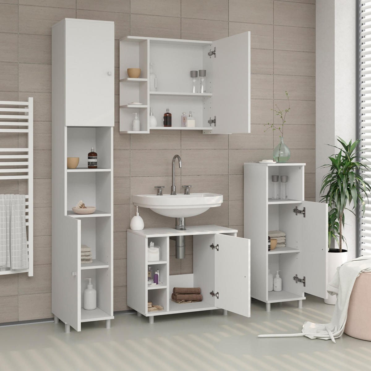 BADSCHRANK Fynn Weiß 30 x 190 cm - Weiß, Holzwerkstoff (30/190/30cm) - Vicco