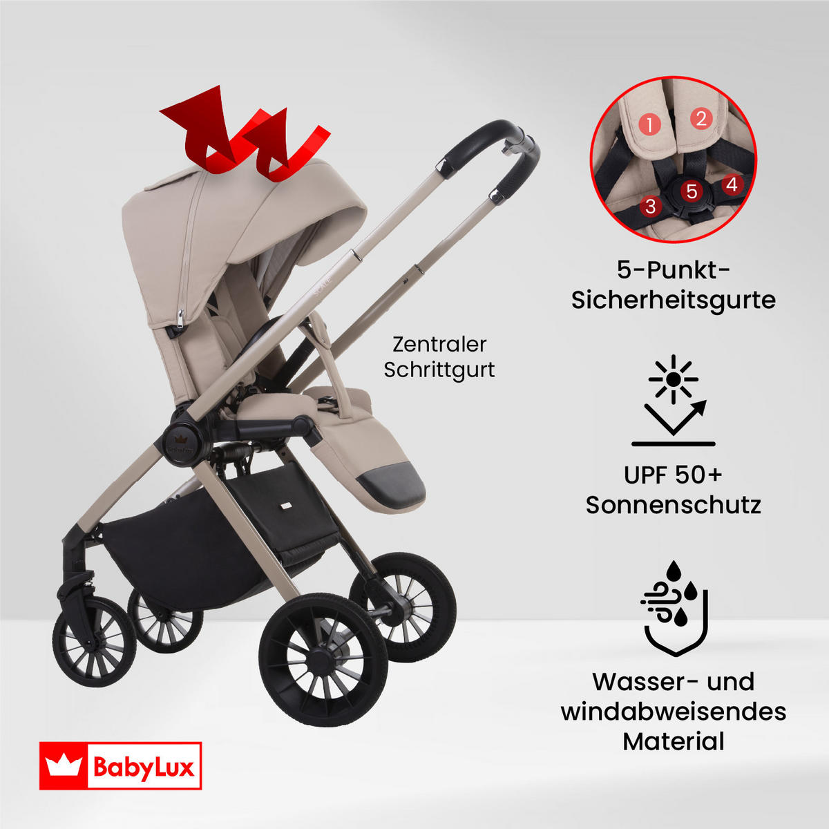 BUGGY Scale, Klein und Leicht, Teleskopische Führung, Kompakt Faltbar, Wickeltasche, Reisetasche - Beige/Schwarz, Textil/Metall (58/100cm) - BabyLux