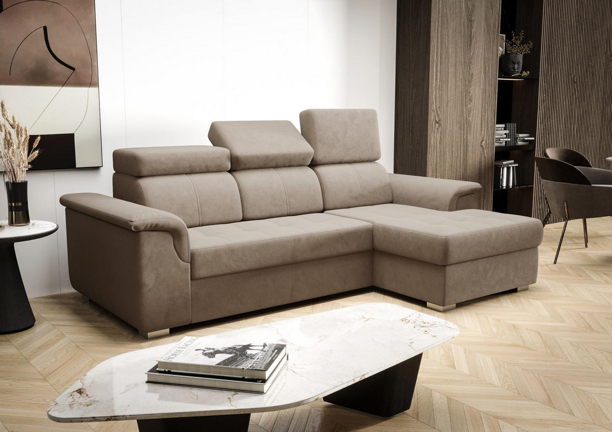 ECKSOFA KONGO RBN06, Eckcouch in L-Form mit Schlaffunktion, Farbe: Beige, Velourstoff, Ottomane Rechts - Beige, Textil (247/165cm) - O-Sofa
