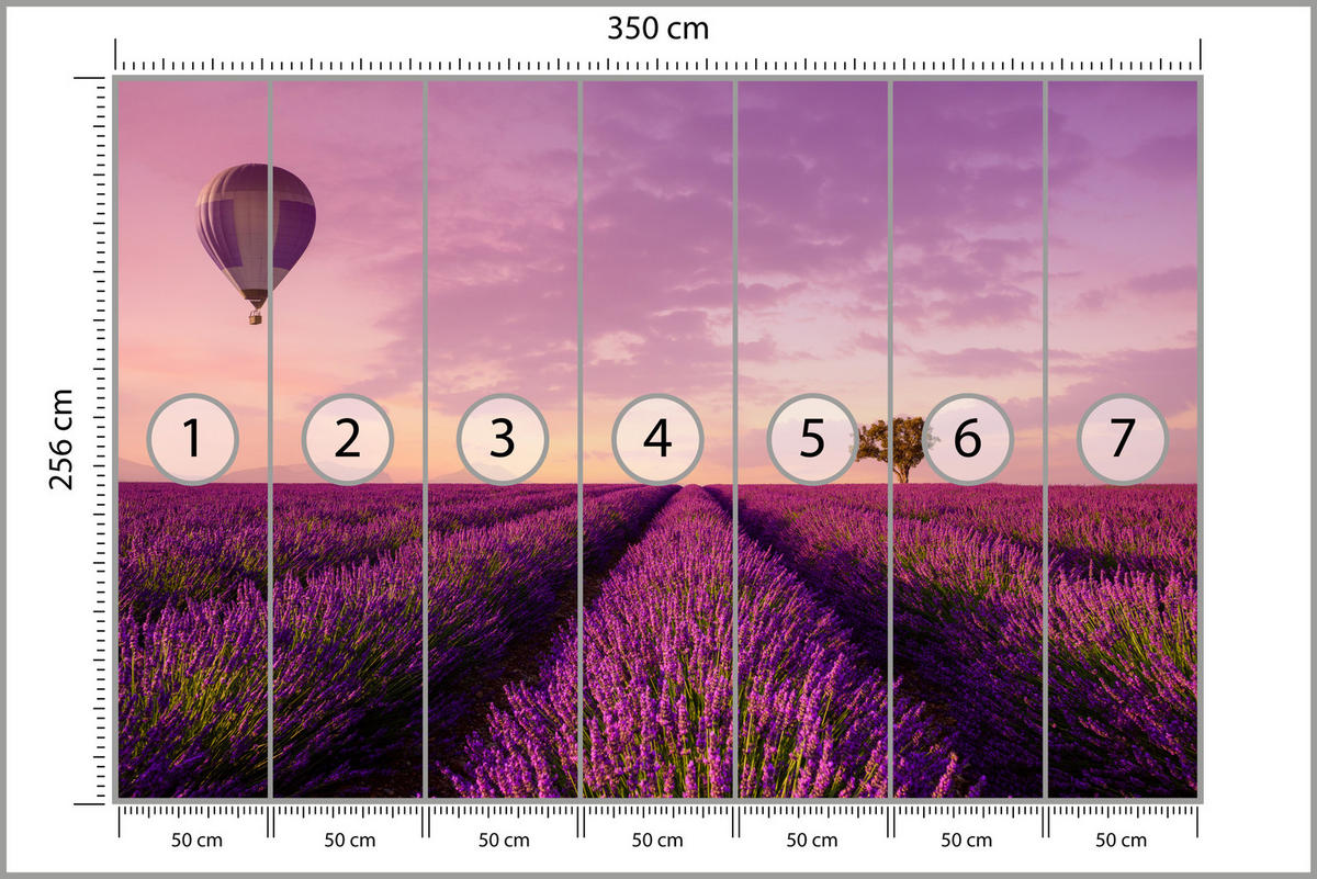 FOTOTAPETE für Wohnzimmer Lavendelfeld Heißluftballon Provence 350x256 - Violett/Lila, Papier (350/256cm) - Muralo