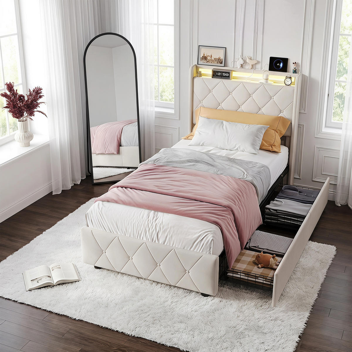 POLSTERBETT, LED-Beleuchtung Einzelbett 90x200cm mit Ladefunktion und 2 Schubladen, Samt, beige - Beige, Holz/Holzwerkstoff (90/200cm) - GENKI LIVING