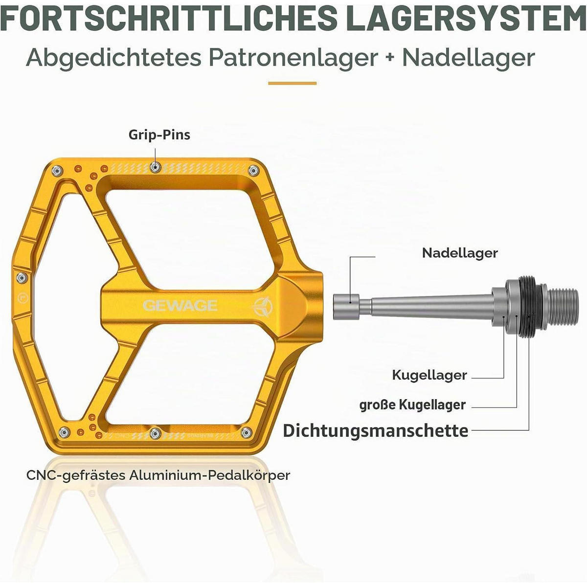 FAHRRADPEDALE CNC-Aluminium ultraflach mit 14 Anti-Rutsch-Pins Gold - Goldfarben, Metall (11/1.5/12cm)