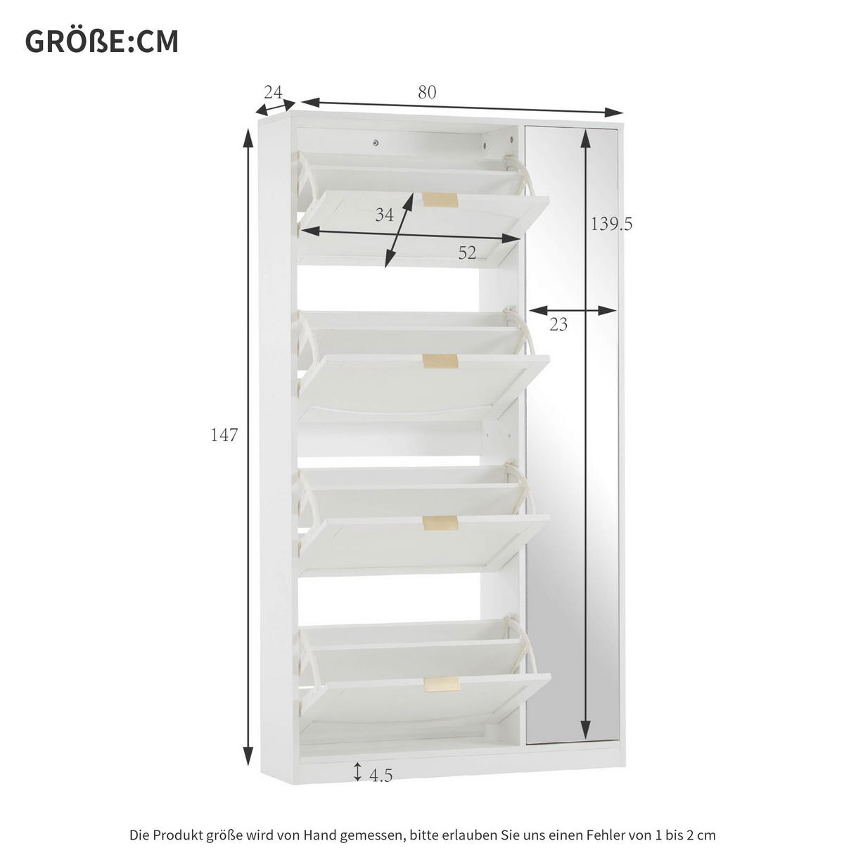 SCHUHSCHRANK 24/80/147 cm mit Spiegeltüren, 4 Klappen und verstellbaren Einlegeböden, Weiß - Weiß, Holzwerkstoff (80/147/24cm) - Redom