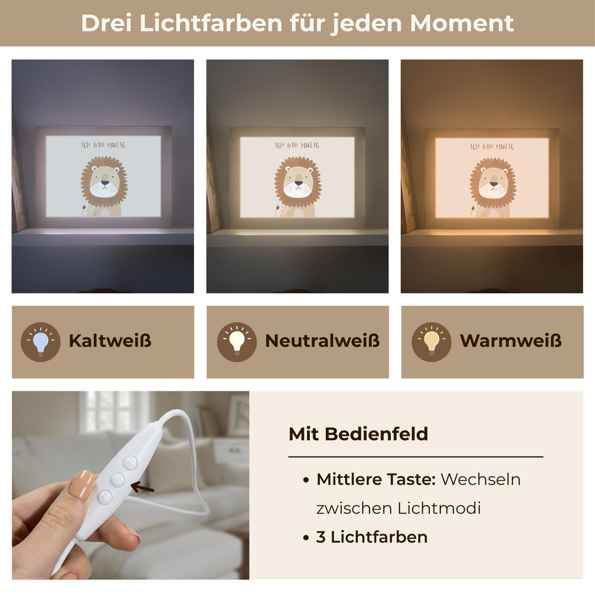 WANDLEUCHTE Löwe - Beige - Tier - Mutig - Zitat 20x15 cm - Beige, Holzwerkstoff (20/15/8cm) - OnlyWow