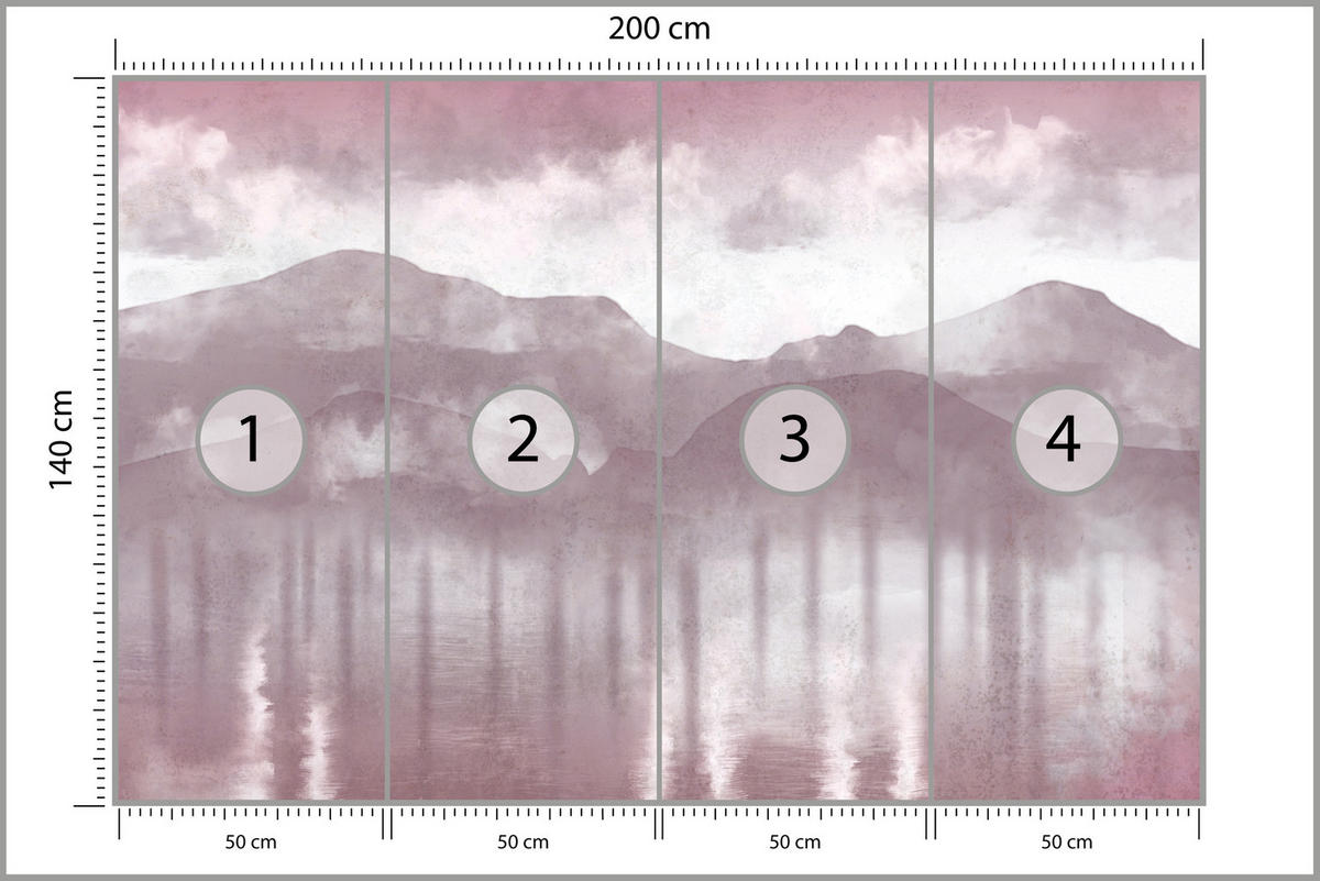 FOTOTAPETE für Wohnzimmer Neblige Berglandschaft Violet Bergpanorama Modern 200x140 - Violett/Rosa, Papier (200/140cm) - Muralo