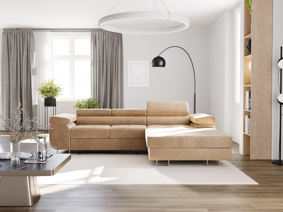 ECKSOFA VEMO CORE Rechts Schwarz Velours-Stoff mit Schlaffunktion und Bettkasten - Schwarz, Holz/Metall (280/205cm) - Barchello