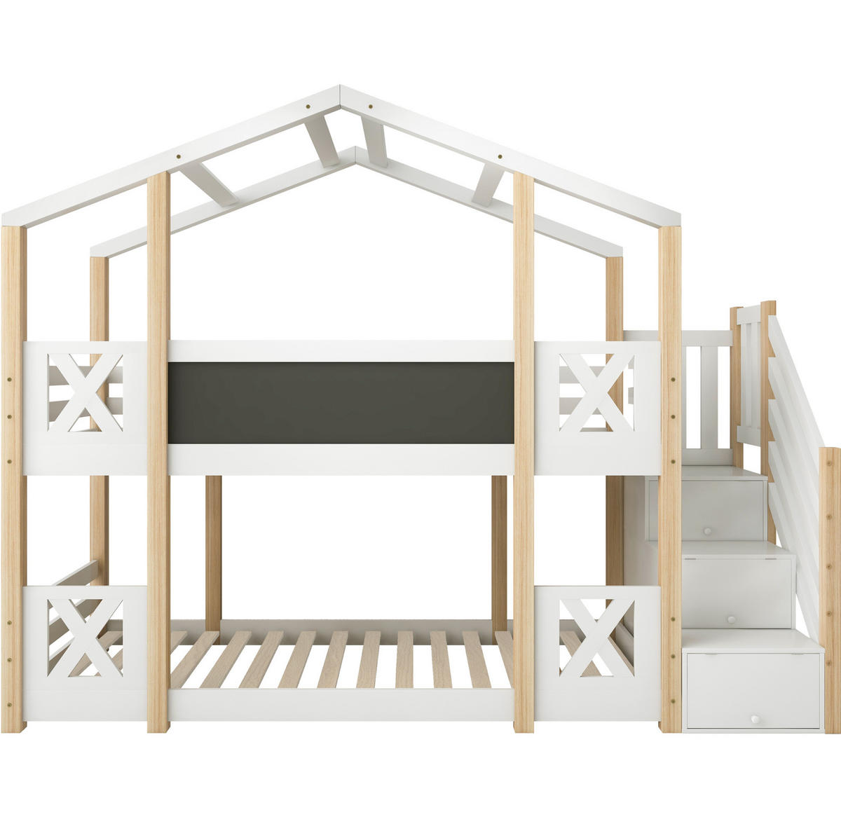 ETAGENBETT 90/200 cm mit Treppe, Stauraum, Tafel und Rausfallschutz, Weiß/Natur - Weiß, Holzwerkstoff - Redom